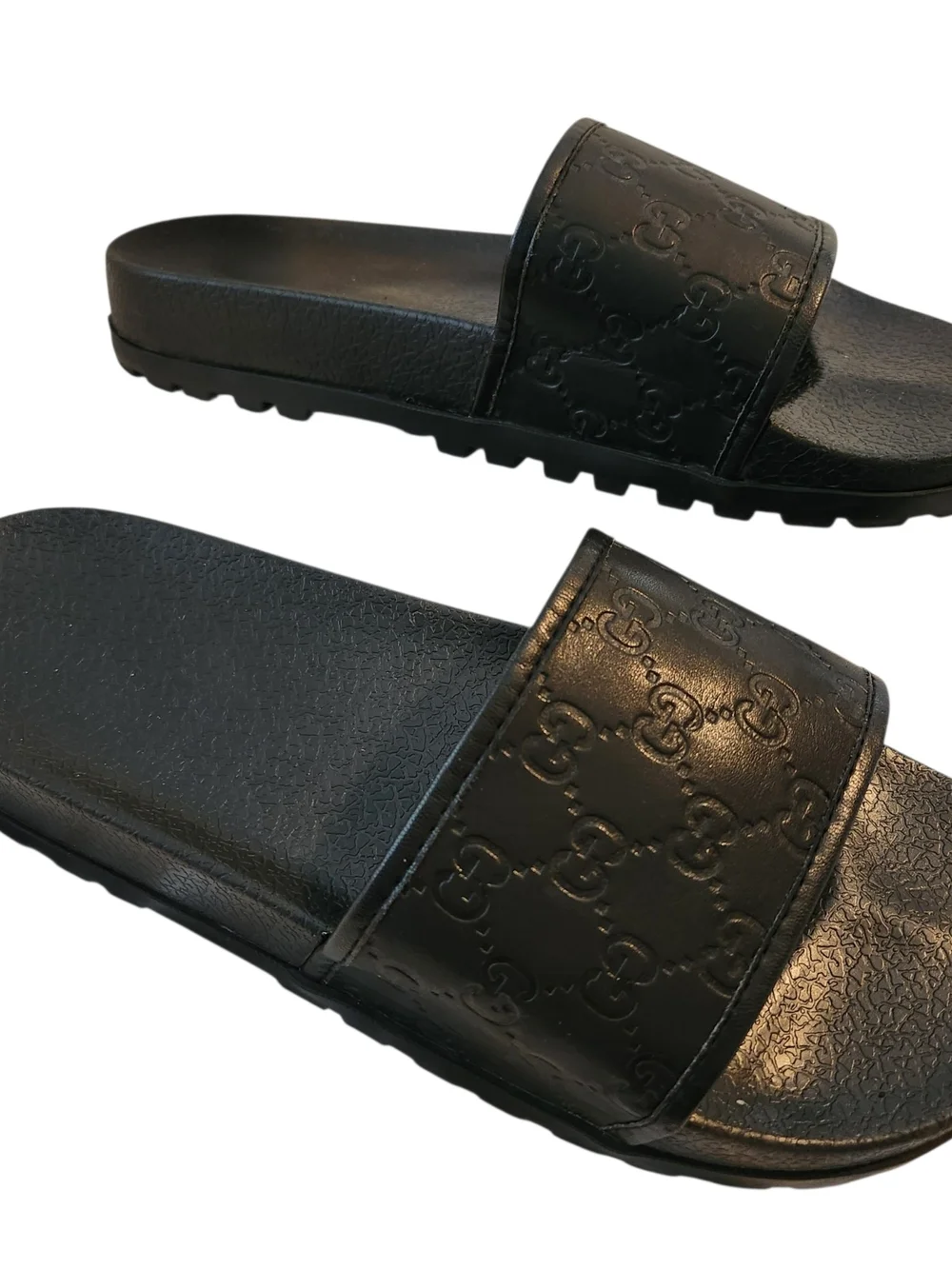 Gucci Men's Size 46 Size 12 Black Embossed GG Leather Slide Sandal Italy Luxury